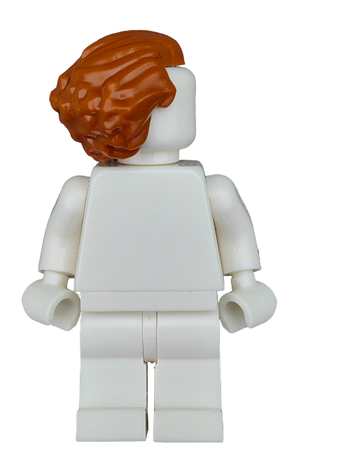A LEGO minifigure showcases the 6239883 Wig, a ginger hairpiece styled with a peak and bushy back, seen from behind against a white background. Featuring a plain white body without facial or front details, its like an empty canvas ready for imagination.
