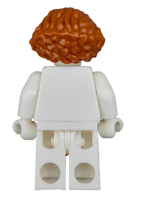 Back view of a LEGO minifigure with ginger hair styled in a swept-back peak, featuring bushy detail and dressed in white, highlighting visible leg studs to enhance mini worlds.