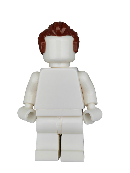 A LEGO 6123038 minifigure with a plain back view features a white body and the Wig, Brown Hair Short Swept Back with Sideburns (UB1210). The figure lacks facial features and detailed design, set against a simple background.