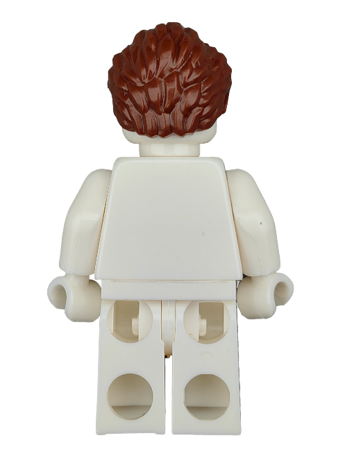 The LEGO minifigure, with its white body parts viewed from behind, sports the LEGO Wig Brown Hair Short Swept Back with Sideburns (6123038 - UB1210), creating a distinctive appearance. Its arms are slightly bent while the legs stay straight.