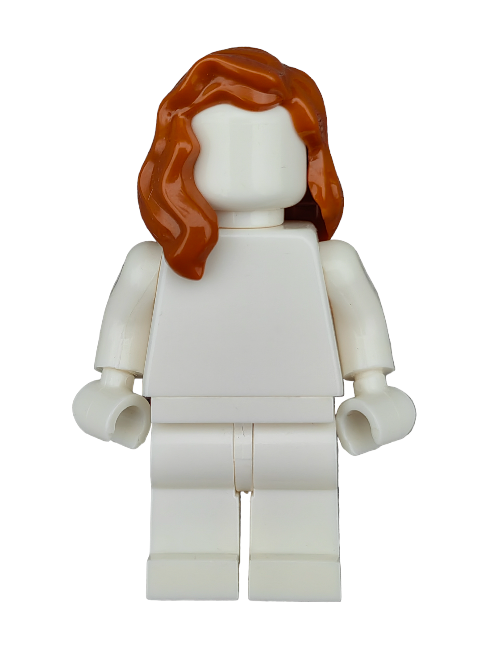 A LEGO 6004435 minifigure, with white torso, legs, and head, features ginger hair stylishly draped over the right shoulder against a plain white backdrop.