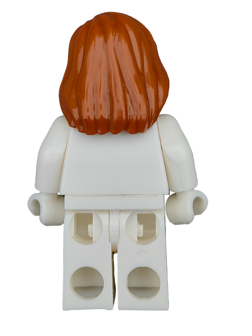 A LEGO minifigure features striking ginger hair, styled with the LEGO 6004435 Wig, Ginger Hair with Parting Draped over Right Shoulder - UB1213, and a white outfit. The figures downward arms and hollow-studded legs make it ideal for creative play when viewed from the back.