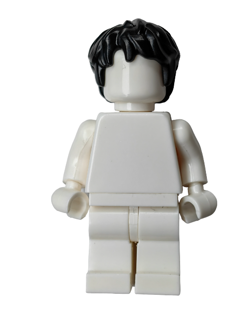 A LEGO minifigure with a black Harry Potter style wig (LEGO 6175190) stands without facial features or clothing details, set against a plain white background.