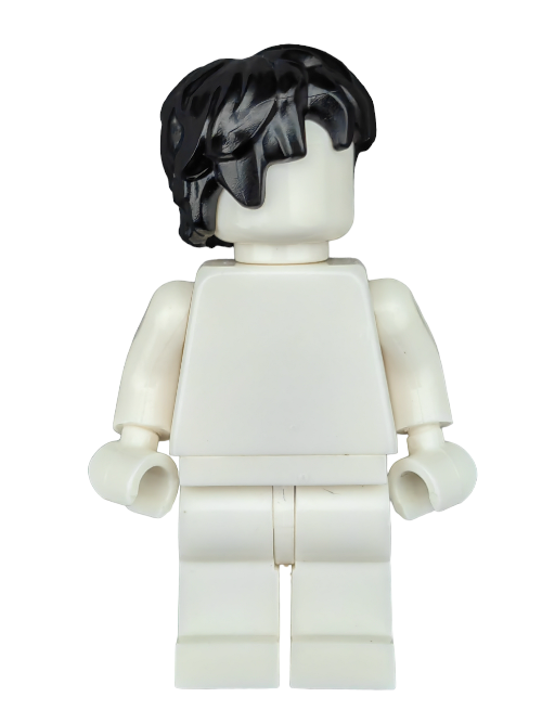 A Lego minifigure with black Harry Potter style hair stands upright, featuring an unpainted white face and body. Its articulated arms and legs present a blank canvas for creativity, ready to be transformed into a character.
