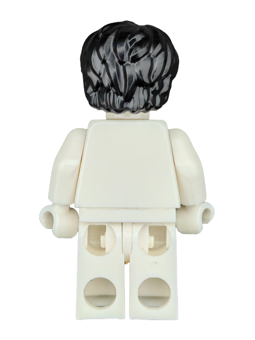 Back view of a classic LEGO minifigure featuring the LEGO 6175190 Wig, Black Hair Harry Potter Style - UB1184, showcasing simplicity without decorations or accessories.