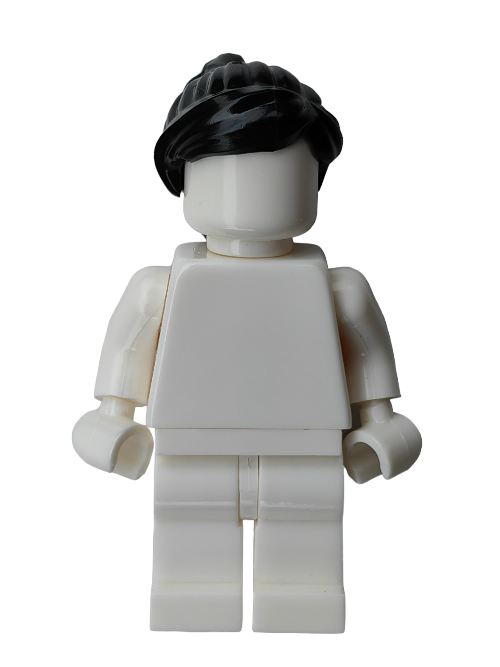 A LEGO minifigure with black hair stands against a plain background. The head, featuring the LEGO 6365482 Wig, Black Hair Ponytail and Fringe (UB1188), has a clean design without facial features or clothes, offering endless possibilities for creative hairstyles.