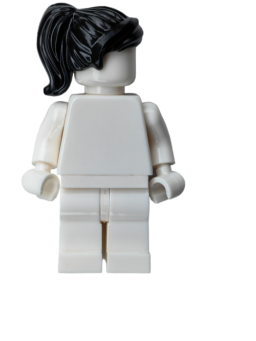A white plastic figure features the LEGO 6365482 Wig, Black Hair Ponytail and Fringe - UB1188, styled in a blocky, construction brick design against a plain white background.