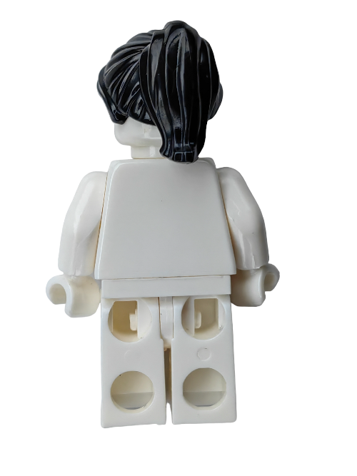 A LEGO minifigure with black ponytail and fringe (LEGO 6365482 Wig) is viewed from the back, highlighting its white arms and legs. The figures body and legs feature classic minifigure connection holes.