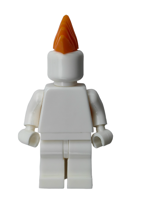 A white figurine with blocky limbs and a smooth design stands against a plain background, sporting the edgy LEGO 6373902 Wig, Orange Punk Rocker Mohawk - UB1192.