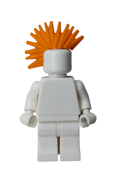 The LEGO 6373902 minifigure features a distinctive orange punk rocker mohawk wig—UB1192—set against a blank face and white body, adding flair to its blocky arms and legs.