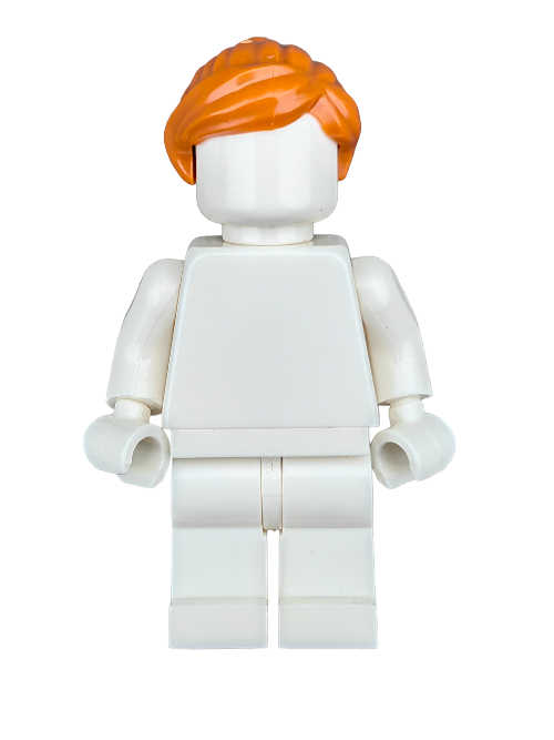 A white plastic toy figure with a blocky body and the LEGO 6223823 Ginger Hair Ponytail and Swept Fringe wig resembles a classic building block character, featuring no facial features and a neutral pose.