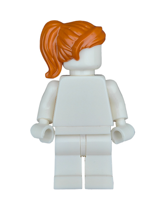 A minifigure with the LEGO 6223823 Wig, Ginger Hair Ponytail and Swept Fringe - UB1199 is featureless and white, except for the striking vibrant hairstyle, set against a plain white backdrop.
