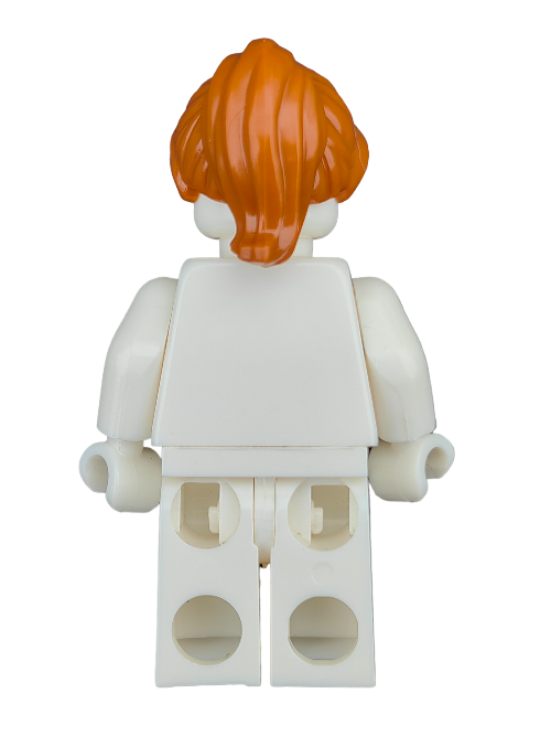 Back view of a white LEGO figure with LEGO 6223823 Wig, Ginger Hair Ponytail and Swept Fringe - UB1199 in orange, styled in a sleek ponytail, standing upright.