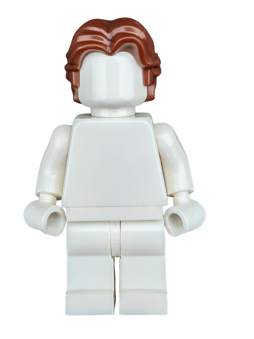 A blank-faced white LEGO minifigure features the LEGO 6159776 Wig, a wavy reddish-brown hairstyle with a center parting. Arms and hands face downward as it stands against a plain white background.