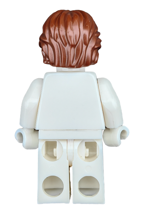 A rear view of a LEGO minifigure featuring the LEGO 6159776 Wig, Brown Hair Short/Medium Length Wavy with Center Parting - UB1203, dressed in plain white attire and showcasing classic LEGO detailing.