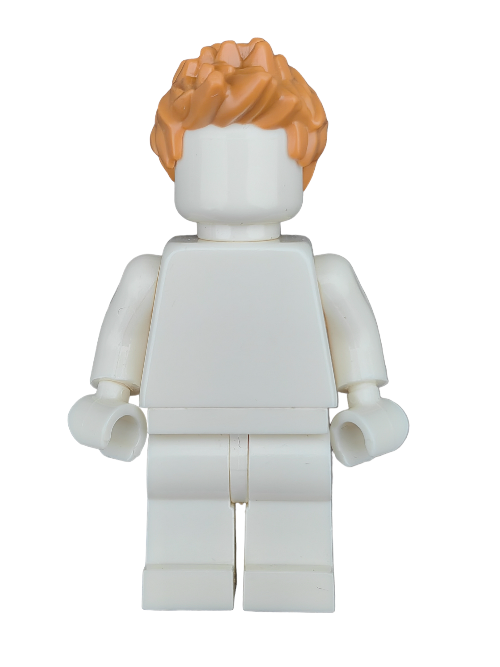 The LEGO figure features the Ginger Spikey Hair Wig (LEGO 6163633) with a white body and legs, set against a plain white background. The blank face invites imaginative creativity.