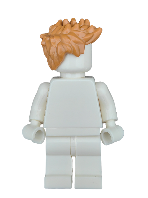 A LEGO minifigure, featuring the vibrant LEGO 6163633 Wig with ginger spiky hair and white body parts, is displayed from the back against a plain white backdrop, capturing the imaginative spirit of Lego creations.
