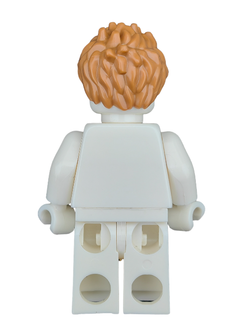The LEGO 6163633 minifigure features a back view with ginger spikey hair, a white shirt, and pants. Its arms are slightly out to the sides, capturing the quirky charm of LEGO creations.