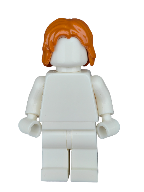 A LEGO minifigure wears a medium-length, ginger hair wig with a middle parting (LEGO 6006514). Featuring a plain white torso, arms, and legs, the figure faces forward without visible facial features, ready for adventure.