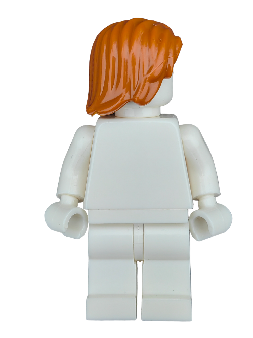 A LEGO figure, wearing the 6006514 ginger hair wig with a middle parting, stands in a simple white outfit against a pristine background, adding vibrance to the scene.