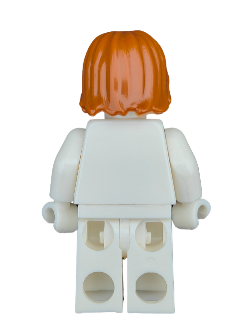 A rear view of a LEGO minifigure wearing a ginger hair wig, specific model 6006514, with medium length and middle parting. It has a plain white outfit and its arms are positioned downward to highlight this Minifigures accessory.
