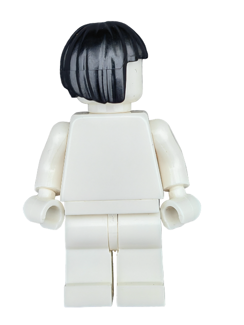 A figure from the diverse LEGO minifigure collection features a simple white body and the LEGO 6155002 Black Hair Wig, styled in a short bob, viewed from the back.