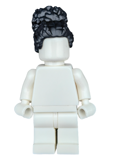 A LEGO minifigure from the premium collection features a plain white body and unique black hair with a large high bun design (LEGO 6269081), showcasing attention-grabbing simplicity without facial features or accessories.