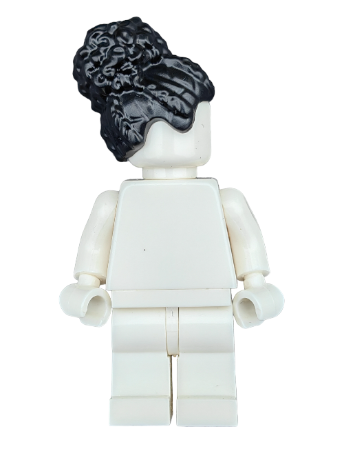 A Lego minifigure from the premium collection features a plain white torso and legs, accented by the distinctive LEGO 6269081 Wig, with black hair coiled into a large high bun. It stands confidently against a plain white background, showcasing its iconic look.