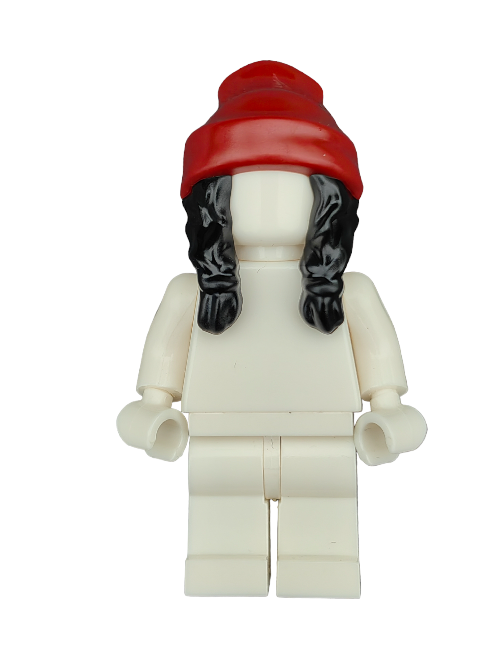 A collectible action figure features a plain white body and dons the LEGO Wig, Black Hair with Hat in black locks and a red beanie (UB1193). The face is blank, preserving the minimalist design against the white background.
