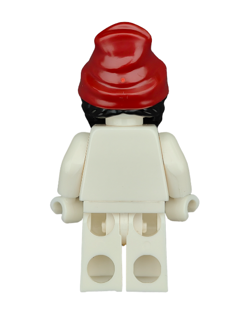A LEGO minifigure with black locks, a red beanie, and a distinctive look makes a unique addition to any collectible action figure collection. Its plain white legs and torso enhance its mysterious allure. Product: LEGO Wig UB1193.