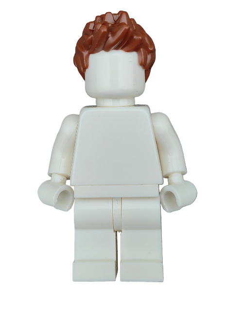 A LEGO Minifigure with the LEGO 6112609 Wig, Brown Spikey Hair - UB1200 stands against a plain background, lacking facial features or accessories. The white figure strikes a classic pose with bent elbows.