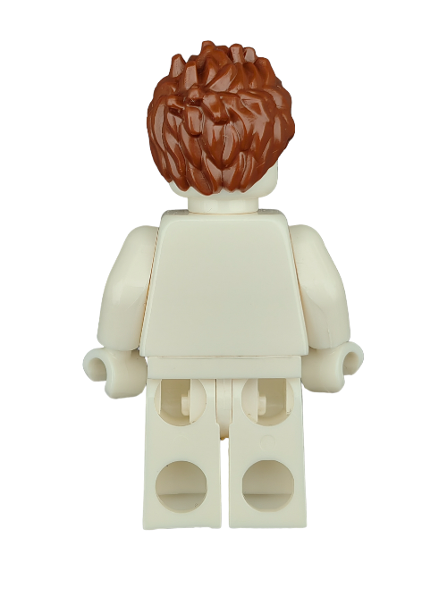 A back view of LEGO minifigure 6112609 features UB1200 brown spikey hair and a beige body, standing upright facing away from the viewer.