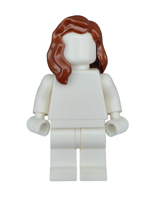 A white Lego minifigure stands upright, featuring simplicity with medium-length brown hair and no facial details or clothing. Its only accessory is the removable LEGO 4550736 Wig, Brown Hair with Parting Draped over Right Shoulder - UB1204.