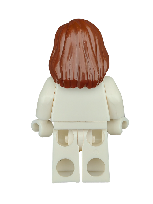 A Lego Minifigure is shown from the back wearing a plain white outfit and featuring the LEGO 4550736 Wig, Brown Hair with Parting Draped over Right Shoulder - UB1204. Its hands rest in a relaxed position, adding simplicity and charm to this tiny accessory.