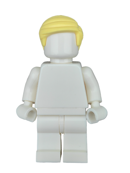 A LEGO Minifigure with the LEGO 6309172 Wig, Yellow Hair Short Combed to the Side - UB1208, stands faceless and featureless against a white background, highlighting its minimalistic and classic design.