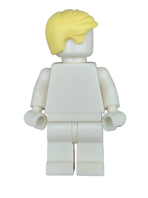 A LEGO 6309172 minifigure, featuring a yellow Wig (UB1208) styled with short, side-combed hair, is shown from the back. Its white plastic body has blocky limbs and bent arms portraying a dynamic pose against a crisp white backdrop. No facial features are visible.