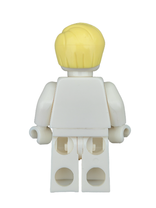 Back view of a LEGO minifigure with a 6309172 Wig, Yellow Hair Short Combed to the Side - UB1208 and plain white body, arms, and legs.