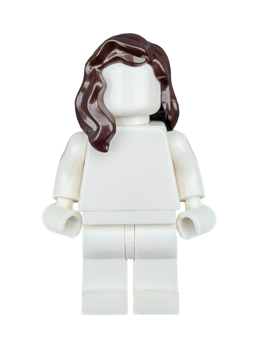 The LEGO 6229072 minifigure features a plain white outfit and a dark brown wig with parting draped over the right shoulder, presented against a white backdrop. Ideal for customization, it serves as a perfect accessory for other minifigures.