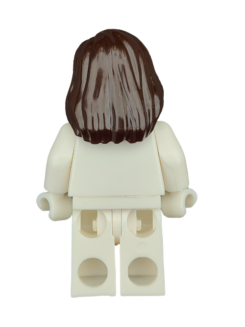 Back view of a LEGO minifigure wearing the LEGO 6229072 Wig, featuring dark brown hair draped over the right shoulder and a white outfit. The arms are straight down, highlighting the sleek hairstyle, without visible facial features or extra accessories.