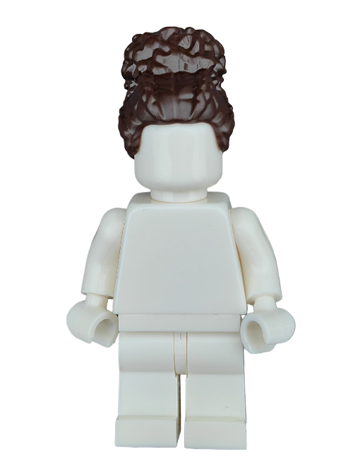 A Lego Minifigure from the Minifigure collection features a plain white outfit and wears the LEGO 6372359 Wig, showcasing brown hair coiled in an elegant high bun, set against a simple white backdrop.