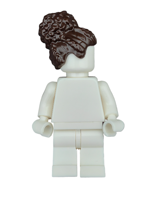 The LEGO 6372359 features a striking brown hairpiece with a large high bun. The figure faces away, showcasing the intricately detailed wig. Its a standout piece perfect for any collector seeking to add character and style to their minifigure collection.