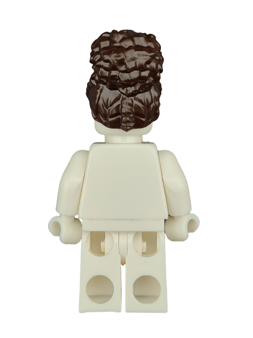 A LEGO minifigure displays the LEGO 6372359 Brown Hair Coiled Wig with a Large High Bun on its cream-colored body, arms at sides, set against a white background—ideal for enhancing your collection.