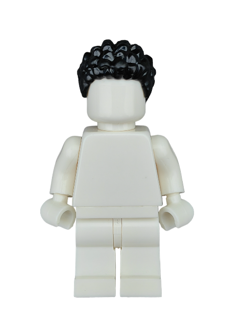 A blank Lego mini-figure featuring the LEGO 6343688 Wig with black, coiled, short hair is set against a white background, highlighting its customized look without facial features or clothing details.