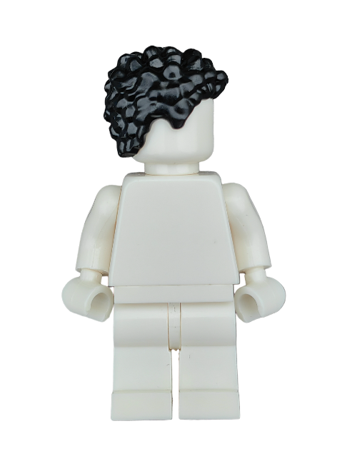 A white LEGO minifigure is seen from behind, wearing a custom Minifigure Wig (LEGO 6343688) featuring coiled black hair. It lacks facial features or clothing but highlights the classic blocky shape of this iconic toy.