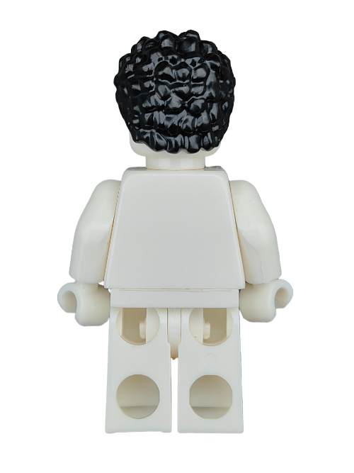 The LEGO 6343688 minifigure, featuring the Wig, Black Hair Coiled and Short- UB1186, is viewed from behind. Its blank torso and legs are perfect for customization, set against a plain white background.