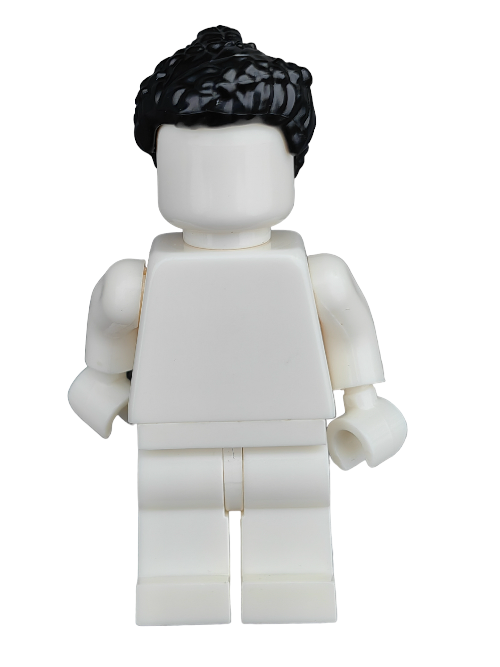 A figure with a plain torso and the LEGO 6318128 Wig, featuring long black braided hair, stands against a white background.