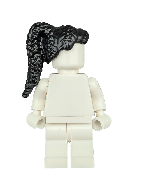 A white LEGO figure without facial features stands against a plain background, showcasing the LEGO 6318128 Wig Long Black Braided Hair - UB1190 with its unique textured braid hairstyle.