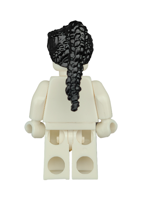 The back view of the LEGO 6318128 minifigure displays a white body with a long, black braided hair wig (UB1190) flowing gracefully down its back.