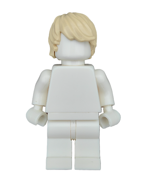A white Lego minifigure stands upright, wearing a simple yellow hair accessory, the LEGO 6093519 Wig (Yellow Hair Combed to the Side), with no facial features or clothing details, against a solid white background.