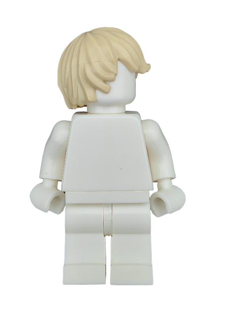 A white plastic toy figure with a blank face showcases articulated limbs for upright posing, featuring the LEGO 6093519 Yellow Hair Combed to the Side Wig styled as a classic minifigure accessory.